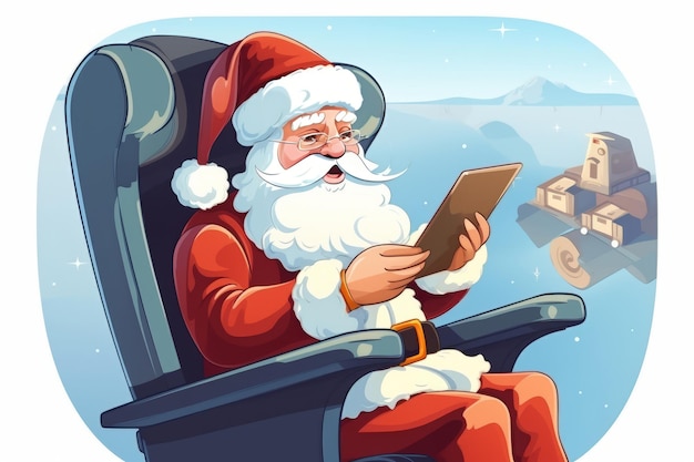 Ilustración Santa Claus en avión con ciudadanos usando teléfono inteligente o tableta