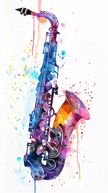 Foto ilustración de saxofón en acuarela diseño de fondo blanco vectorial colorido para ilustración de saxo