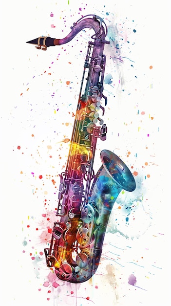 Foto ilustración de saxofón en acuarela diseño de fondo blanco vectorial colorido para ilustración de saxo