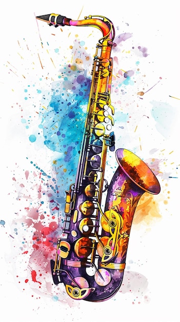 Foto ilustración de saxofón en acuarela diseño de fondo blanco vectorial colorido para ilustración de saxo