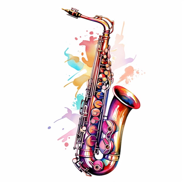 Foto ilustración de saxofón en acuarela diseño de fondo blanco vectorial colorido para ilustración de saxo