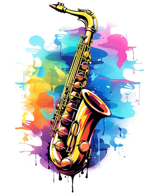 Foto ilustración de saxofón en acuarela con fondo blanco vectorial de colores