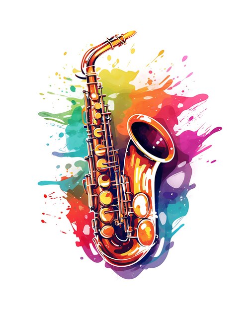 Foto ilustración de saxofón en acuarela con fondo blanco vectorial de colores