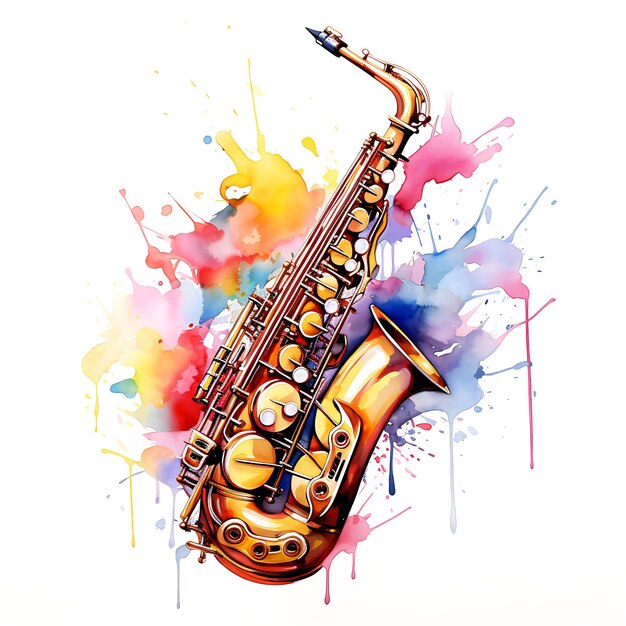 Foto ilustración de saxofón en acuarela con fondo blanco vectorial de colores