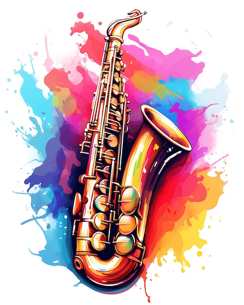 Foto ilustración de saxofón en acuarela con fondo blanco vectorial de colores