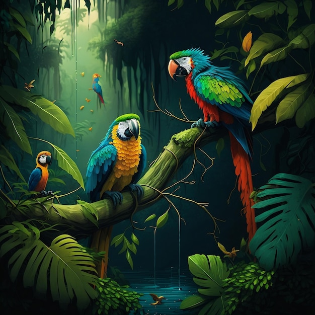 Ilustración de una selva tropical con loros IA generativa