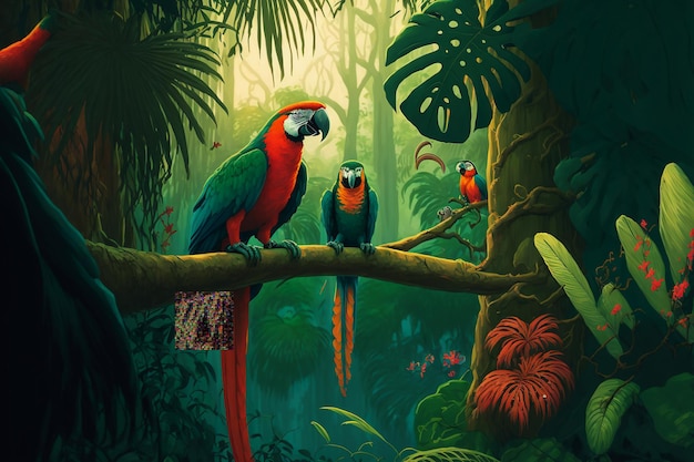 Ilustración de una selva tropical con loros