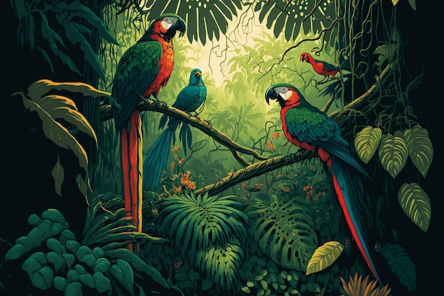 Ilustración de una selva tropical con loros