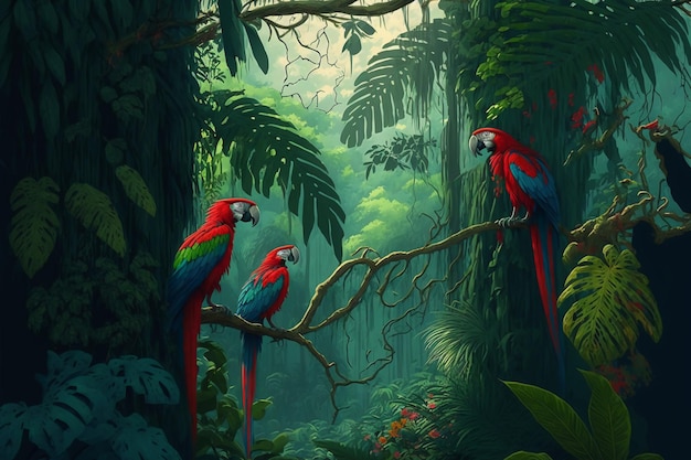 Ilustración de una selva tropical con loros