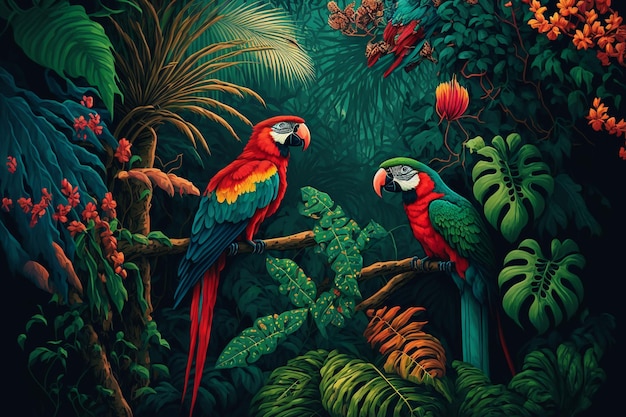 Ilustración de una selva tropical con loros