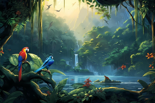 Ilustración de una selva tropical con loros