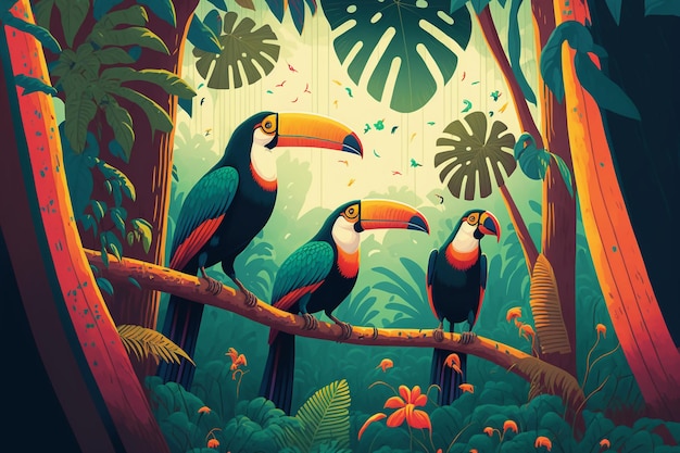 Ilustración de una selva tropical con tucanes