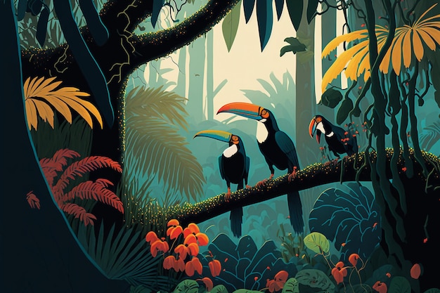 Ilustración de una selva tropical con tucanes