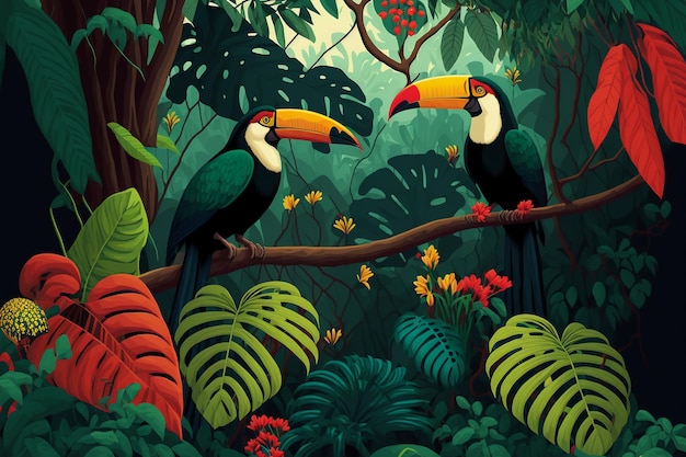 Foto ilustración de una selva tropical con tucanes