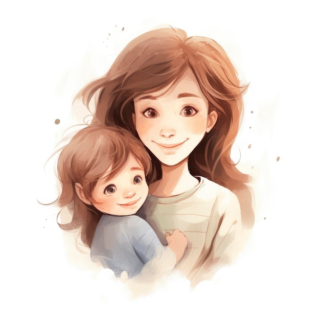 Ilustración sencilla para niños de una madre con su bebé