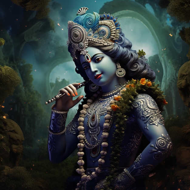 ilustración del señor krishna pintando 4k realista