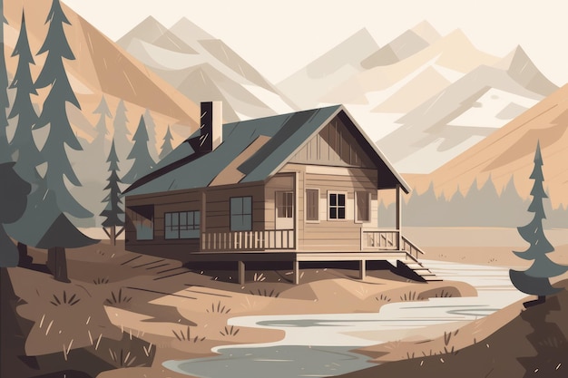 Ilustración serena y minimalista de una cabaña de montaña rústica ubicada en un valle tranquilo
