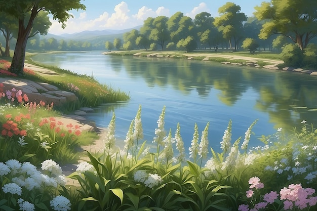 Ilustración de las serenas flores de la papa de Riverside en la suave brisa