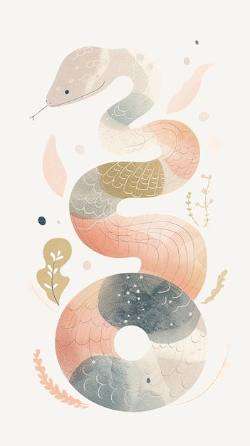 Ilustración de una serpiente diseñada con formas fluidas orgánicas y un esquema de colores pastel aireado