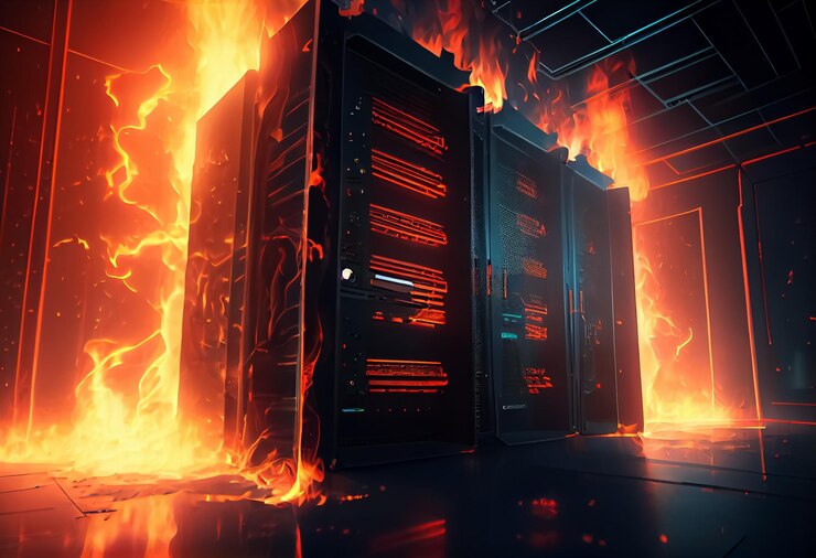 Foto ilustración del servicio del centro de datos sobre las bocanadas de fuego de fuga de información de humo