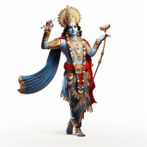 ilustración de shri krishna piel azul armadura dorada ropa roja rai