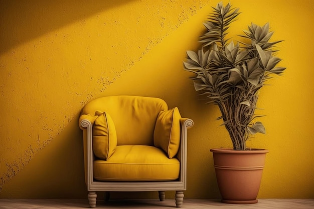 Ilustración de sillón de pared amarillo y planta en maceta IA generativa