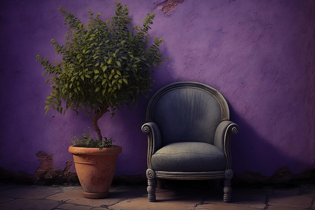 Ilustración de sillón de pared lila y planta en maceta IA generativa