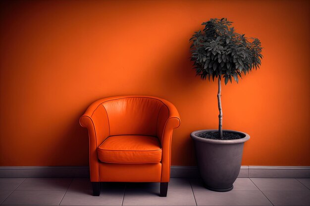 Ilustración de sillón de pared naranja y planta en maceta IA generativa