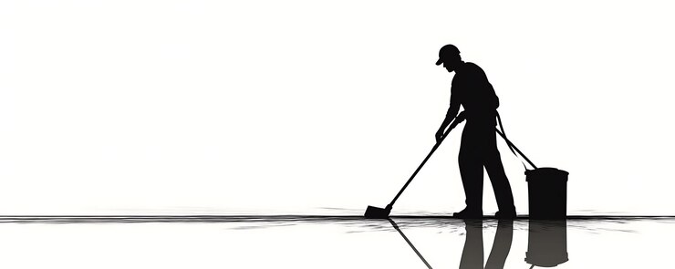 Foto ilustración de silueta de un conserje limpiando un piso