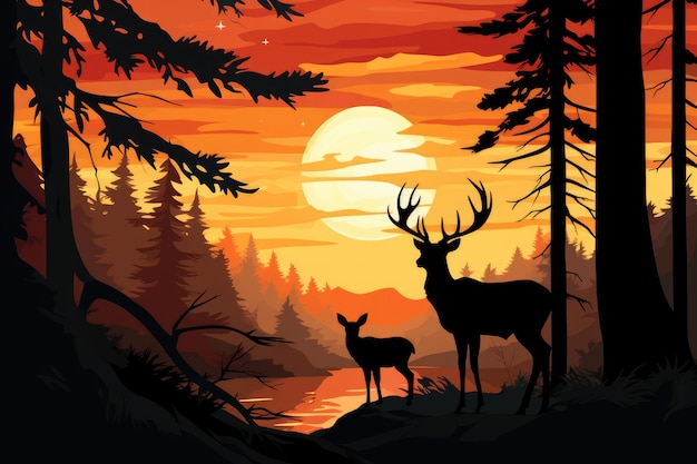 Ilustración de una silueta de una familia de ciervos en el bosque al atardecer