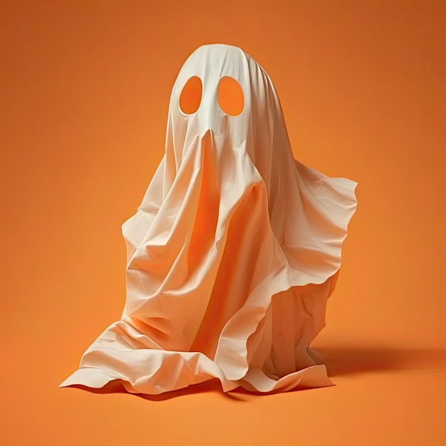 Foto ilustración de una silueta fantasma fantasma aislada sobre fondo naranja monstruo espeluznante de halloween volando en la noche ia generativa