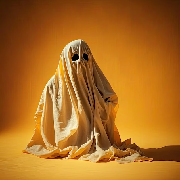 Ilustración de una silueta fantasma fantasma aislada sobre fondo naranja Monstruo espeluznante de Halloween volando en la noche IA generativa