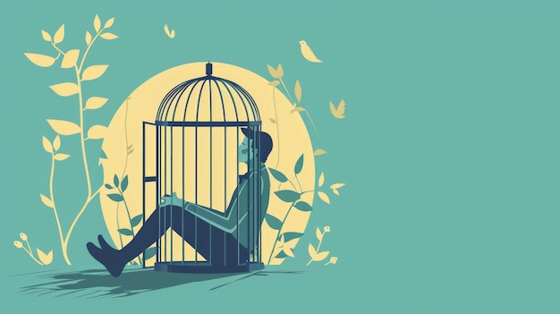 Foto ilustración de una silueta de un hombre sentado en una jaula ia generativa