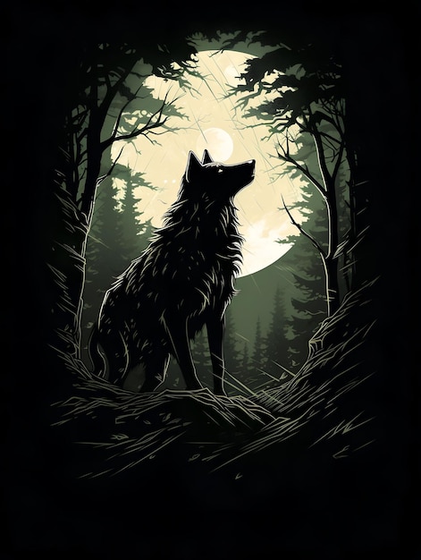 Foto una ilustración de una silueta de lobo a punto de aullar en el bosque