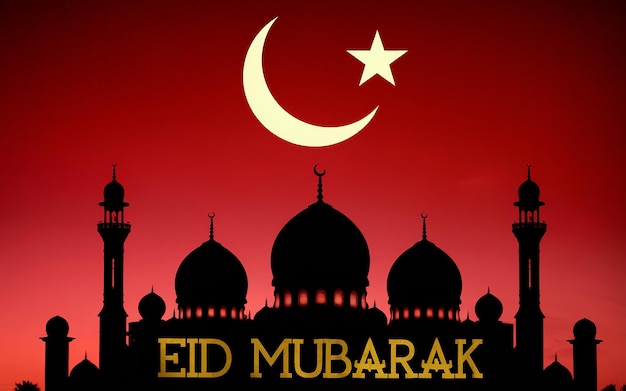 Ilustración de la silueta de la mezquita con el mensaje de Eid Mubarak contra el cielo rojo Generative ai