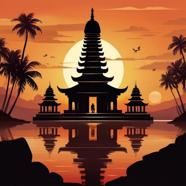 Ilustración de la silueta del templo del día de Serene Nyepi al atardecer