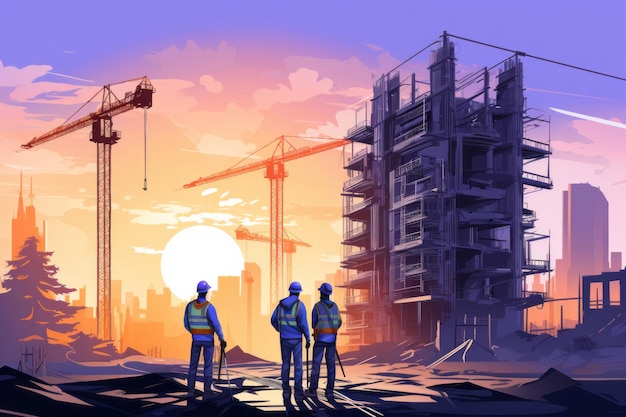 Ilustración silueta de trabajadores de pie mirando edificios en construcción
