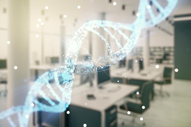 Ilustración del símbolo de ADN virtual en un fondo de oficina amueblado moderno Concepto de investigación del genoma Multiexposición