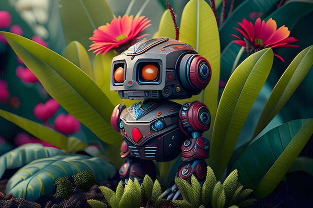 Ilustración de un simpático robot sobre un fondo de flores IA generativa