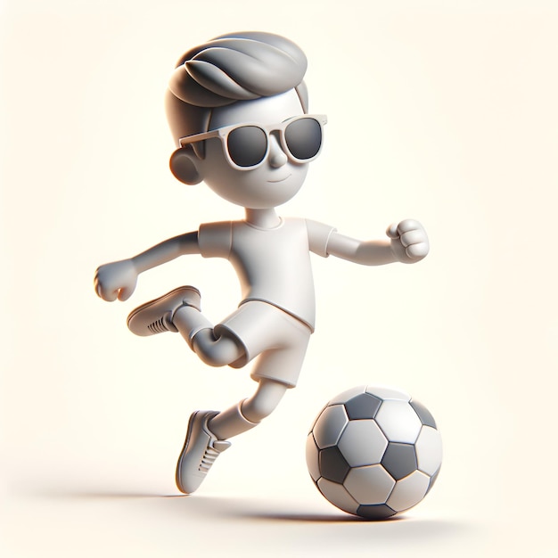 Foto ilustración simple en 3d de un jugador de fútbol con gafas de sol pateando la pelota