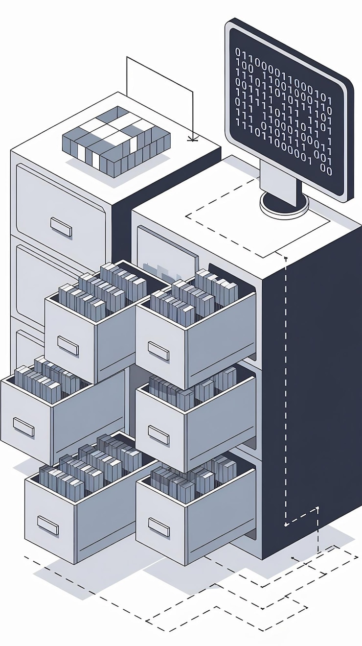 Foto ilustración del sistema de gestión de documentos dms y almacenamiento de archivos con datos de código binario