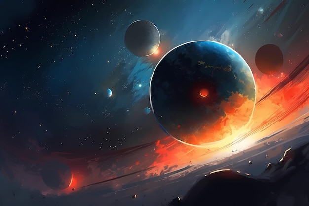 Ilustración de un sistema solar con planetas, lunas y exploración del espacio exterior IA generativa