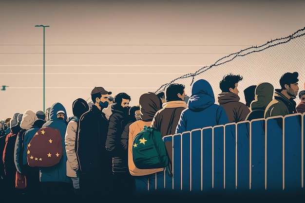 Ilustración sobre la inmigración a Europa fila de personas esperando para cruzar la frontera generada por Ai