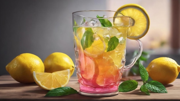 Ilustración sobre el tema de una gran limonada de colores en una taza de vidrio