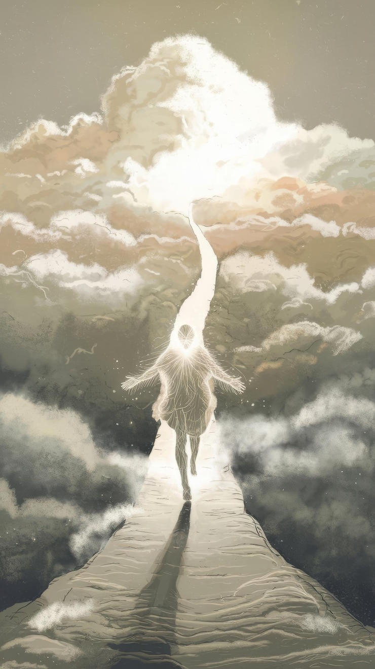 Foto ilustración sobre el tema de la reencarnación del alma el camino al cielo entre las nubes
