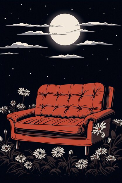 Ilustración de sofá cósmico con flores y fondo oscuro con luna y estrellas