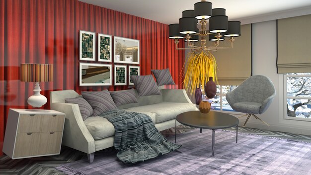 Ilustración del sofá flotando en la sala de estar