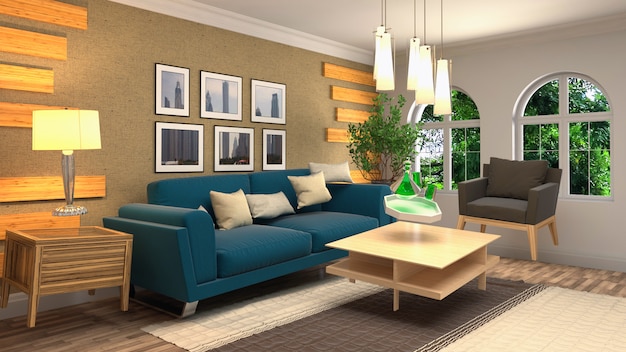 Ilustración del sofá flotando en la sala de estar