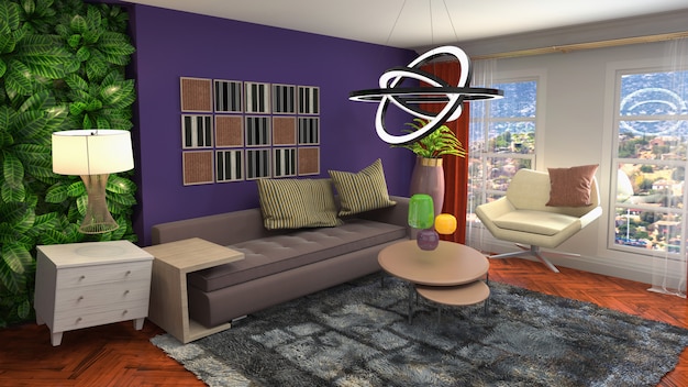 Ilustración del sofá de gravedad cero flotando en la sala de estar