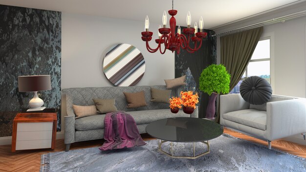 Foto ilustración del sofá de gravedad cero flotando en la sala de estar
